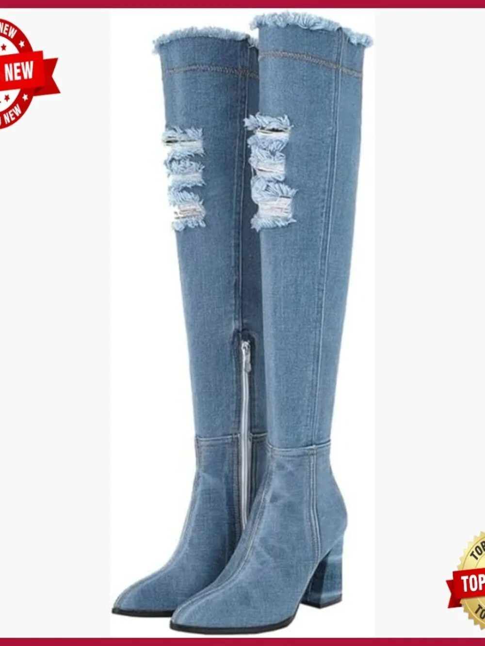 Denim Thigh High Boots Pointed Toe Block Heel Over The Knee